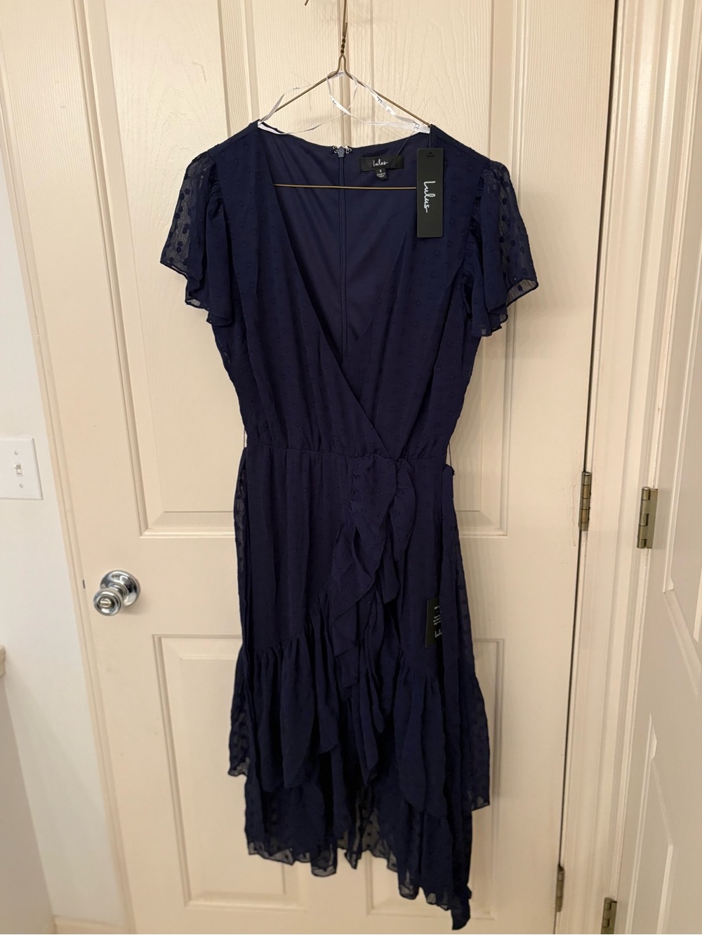 Lulu's Navy Ruffle Wrap Midi Dress with Flutter Sleeves